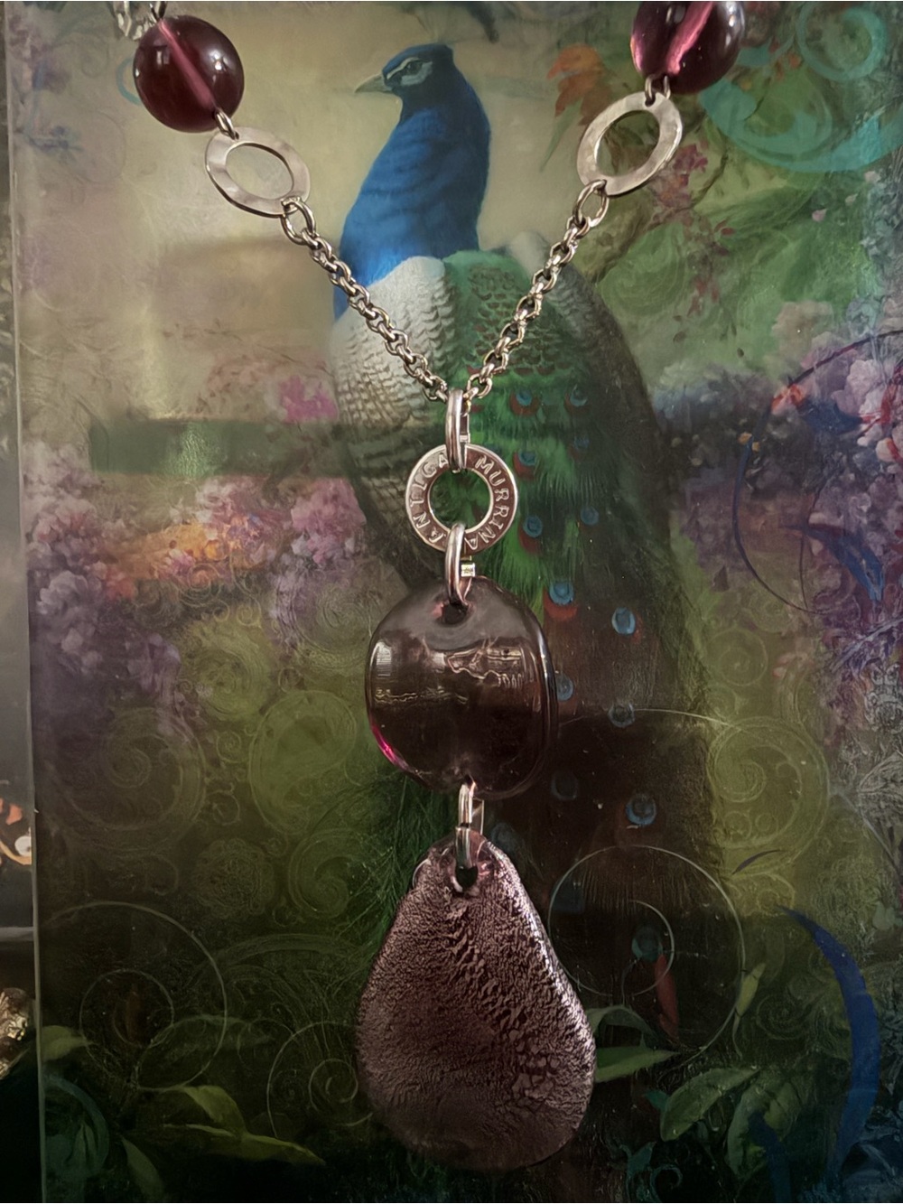 New Antica Murrina Venezia Murano Glass Statement Pendant Necklace- purple plum